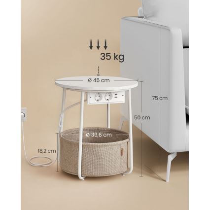 Beistelltisch mit integrierten Steckdosen und USB-Anschlüssen NOIRA 45 cm Beige/Weiß