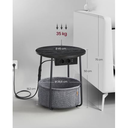 Beistelltisch NOIRA mit integrierten Schubladen und USB-Anschlüssen, 45 cm, grau/schwarz