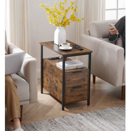 Beistelltisch ROD mit integrierten Steckdosen und USB-Anschlüssen, braun/schwarz