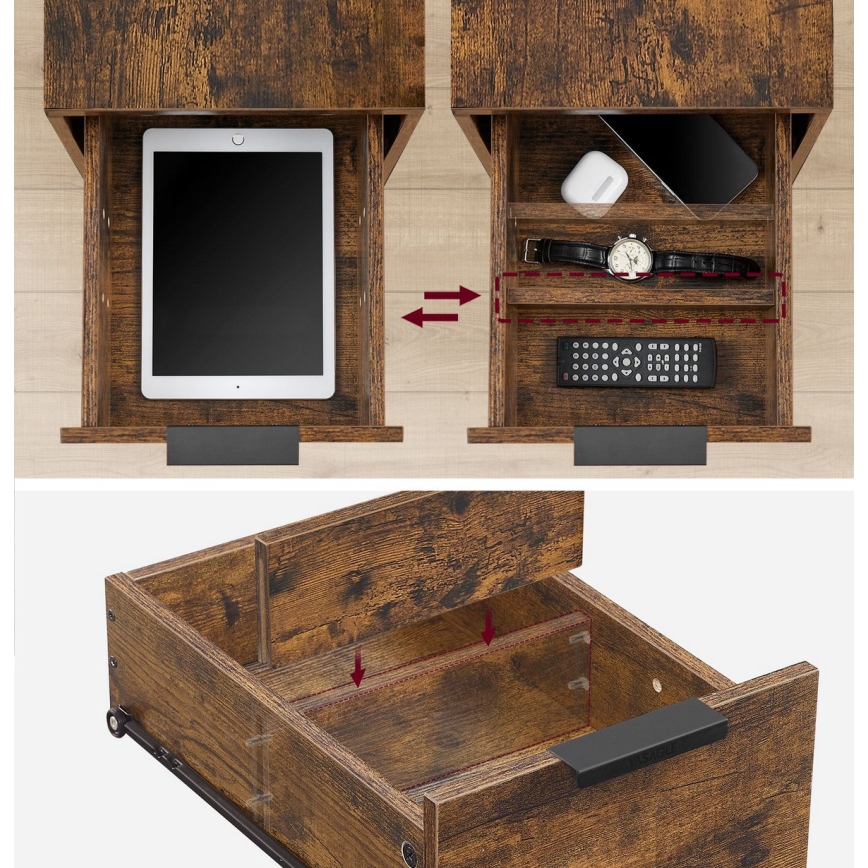 Beistelltisch ROD mit integrierten Steckdosen und USB-Anschlüssen, braun/schwarz