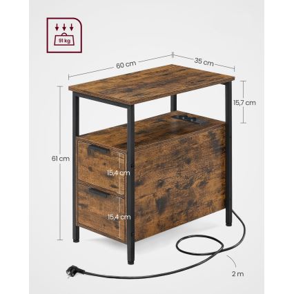 Beistelltisch ROD mit integrierten Steckdosen und USB-Anschlüssen, braun/schwarz