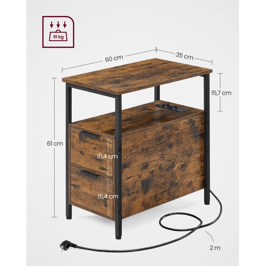 Beistelltisch ROD mit integrierten Steckdosen und USB-Anschlüssen, braun/schwarz