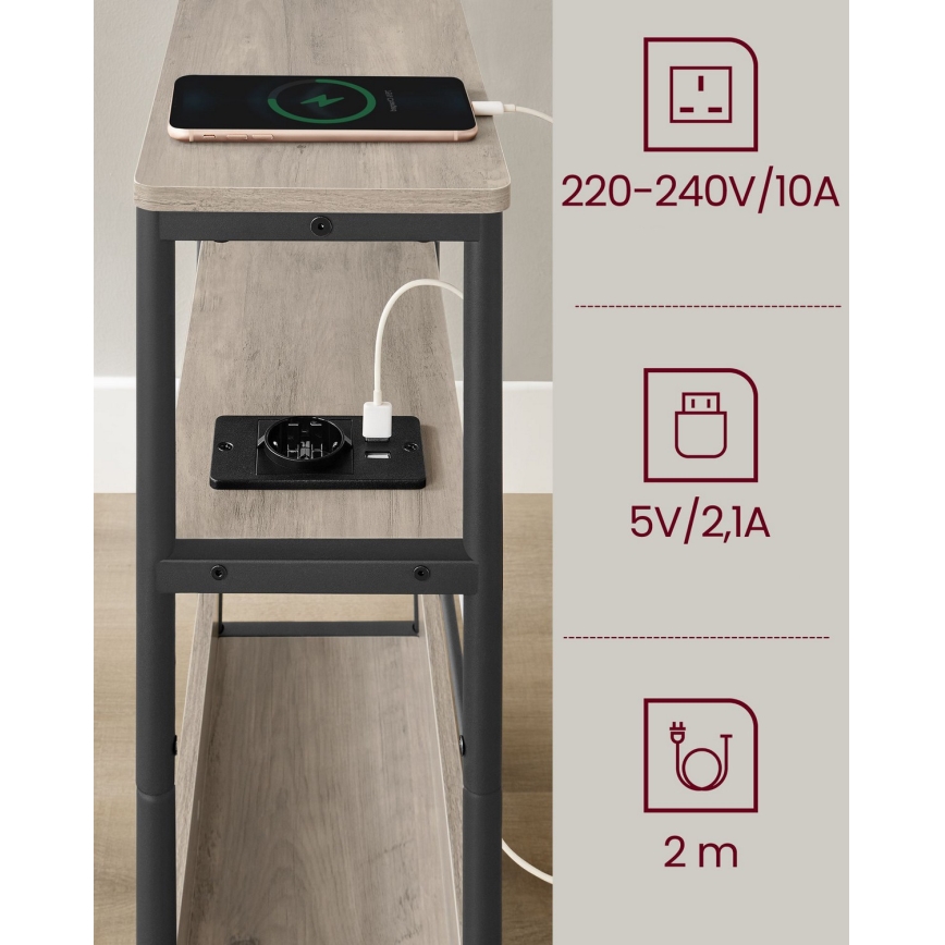 Beistelltisch ROD mit integrierter Steckdose und USB-Anschlüssen, braun/schwarz