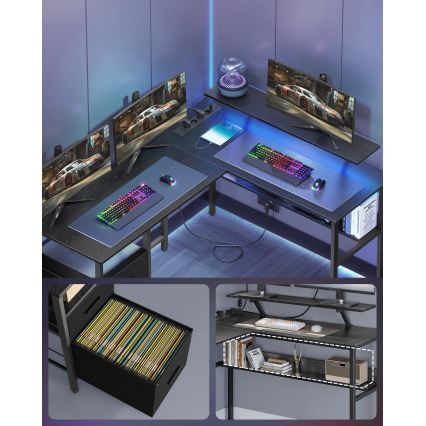 Beleuchteter Schreibtisch SOLEA-X, Braun/Schwarz