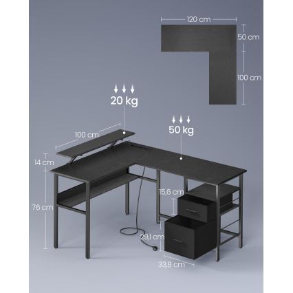 Beleuchteter Schreibtisch SOLEA-X, Braun/Schwarz