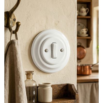 Bohemia-Design - Porzellan-Retro-Einfachschalter mit Rahmen Nr. 6, weiß