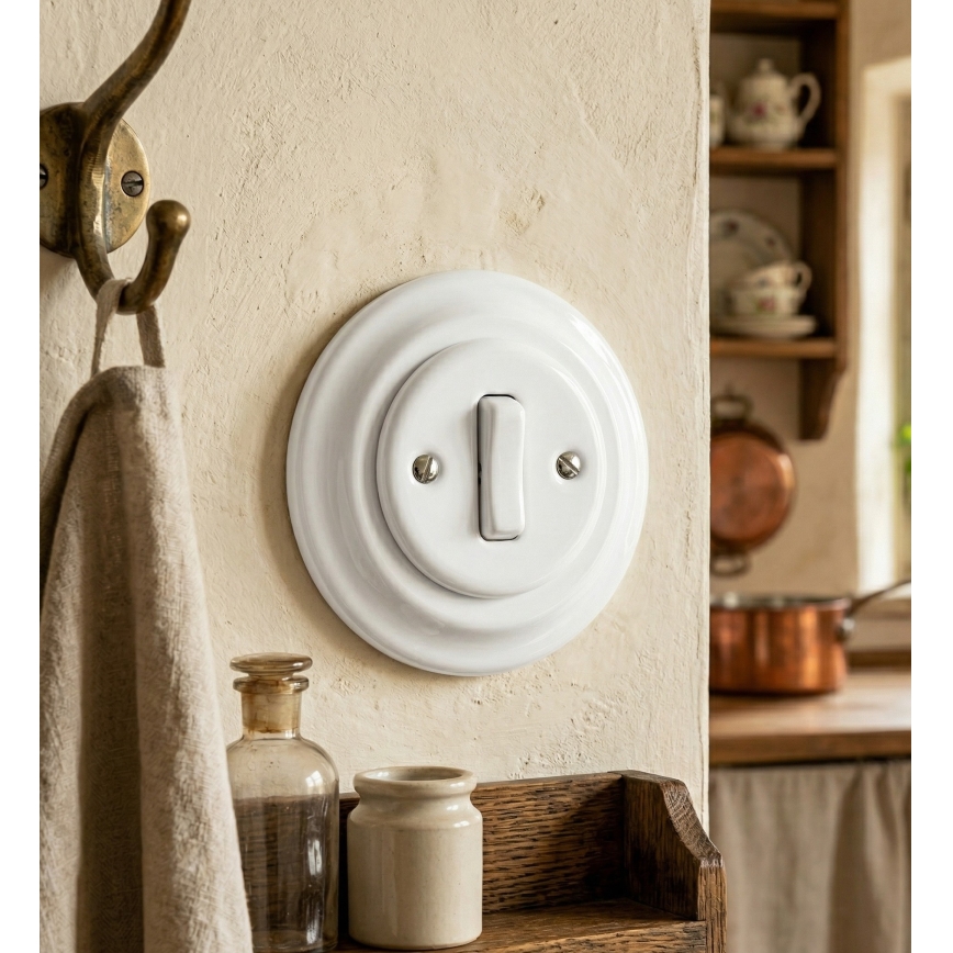 Bohemia-Design - Porzellan-Retro-Einfachschalter mit Rahmen Nr. 6, weiß