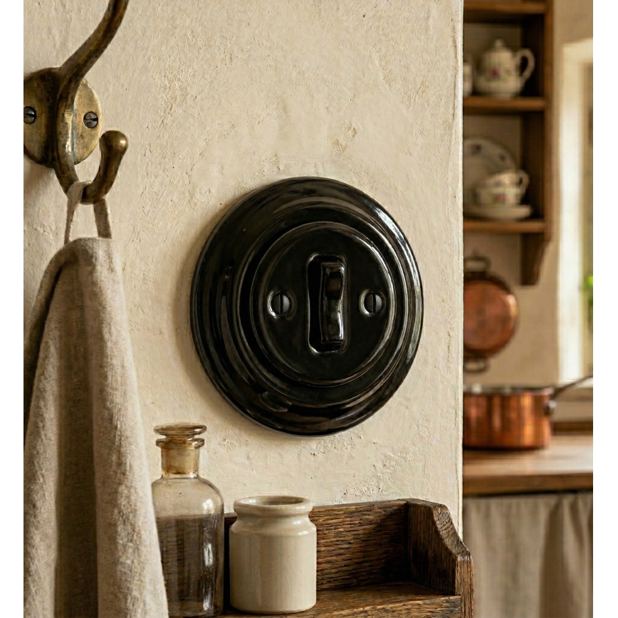 Bohemia-Design - Porzellan-Retro-Einzelschalter mit Rahmen, für Klingel, schwarz