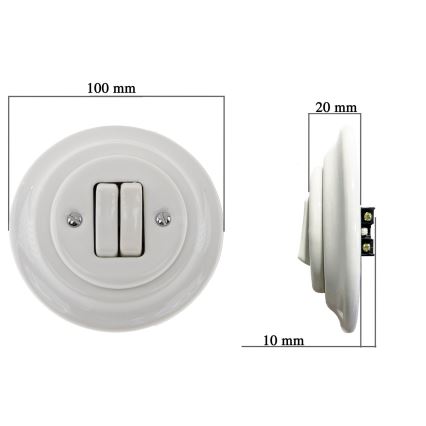 Bohemia-Design - Retro-Doppelschalter aus Porzellan mit Rahmen Nr. 6+6, weiß