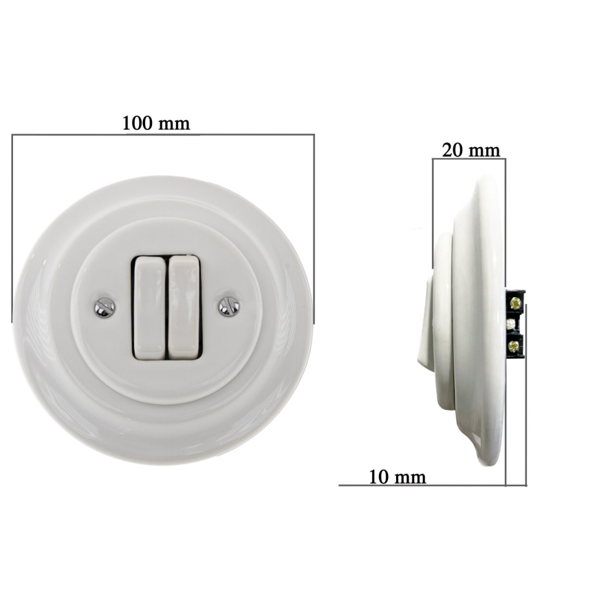 Bohemia-Design - Retro-Doppelschalter aus Porzellan mit Rahmen Nr. 6+6, weiß
