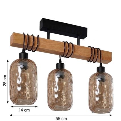 BRILAGI - Aufbauleuchte WOOD GLASS 3xE27/60W/230V Kiefer/Schwarz/Rauchbraun