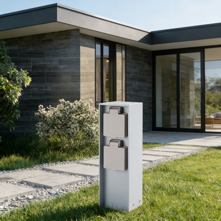 Brilagi - Außen-Steckdosensäule PILLAR 2× SCHUKO 230V IP44 silber