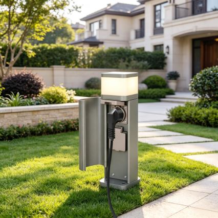 BRILAGI - Außenleuchte mit 2 SCHUKO-Steckdosen PILLAR 1xG9/11W/230V IP44 grau