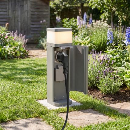 BRILAGI - Außenleuchte mit 2 SCHUKO-Steckdosen PILLAR 1xG9/11W/230V IP44 grau