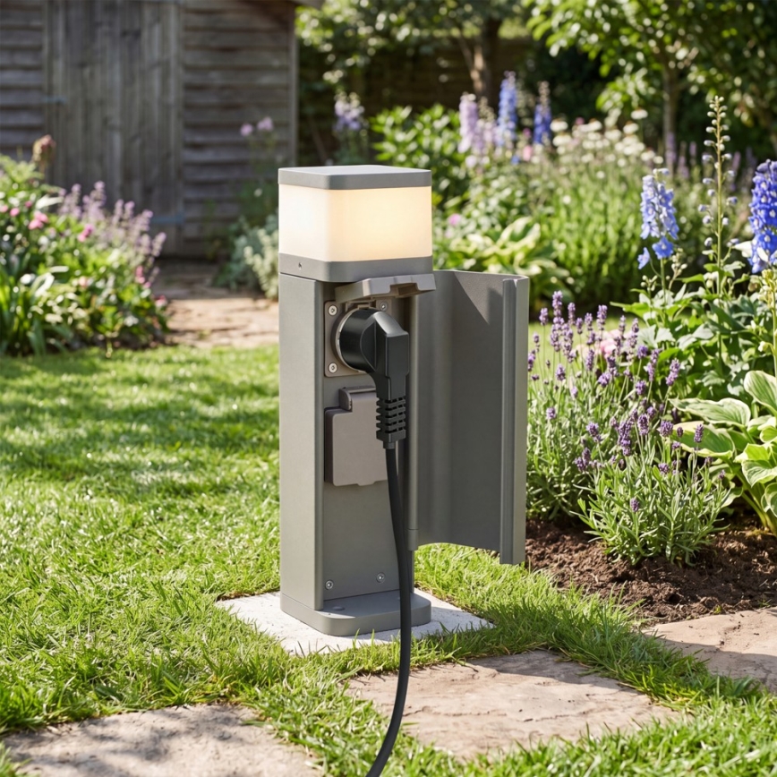 BRILAGI - Außenleuchte mit 2 SCHUKO-Steckdosen PILLAR 1xG9/11W/230V IP44 grau