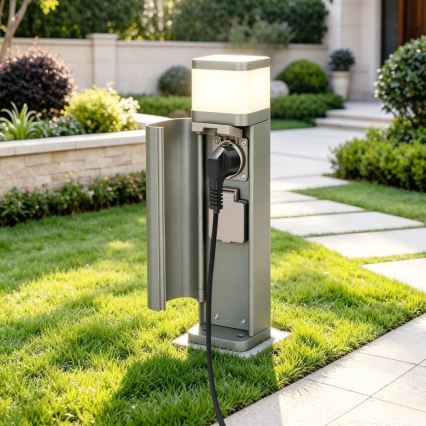BRILAGI - Außenleuchte mit 2 SCHUKO-Steckdosen PILLAR 1xG9/11W/230V IP44 grau