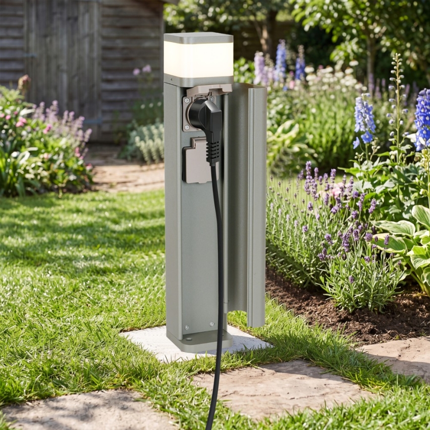 BRILAGI - Außenleuchte mit 2 SCHUKO-Steckdosen PILLAR 1xG9/11W/230V IP44 grau