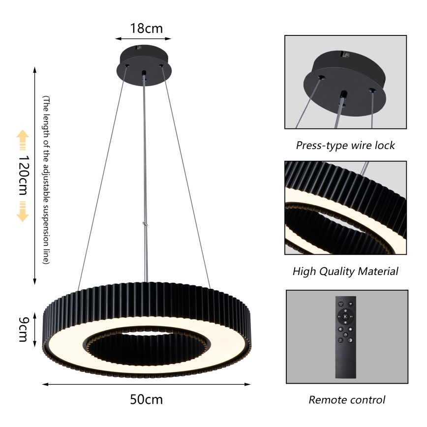 Brilagi - dimmbare LED-Pendelleuchte mit Seilaufhängung LUMIX LED/48W/230V 3000–6000K schwarz Ø 50 cm + Fernbedienung