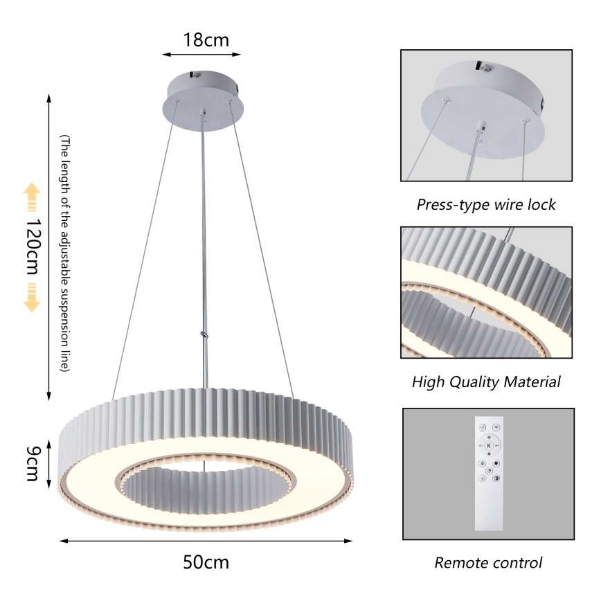 Brilagi - LED-dimmbare Pendelleuchte am Seil LUMIX LED/48W/230V 3000-6000K weiß Ø 50 cm + Fernbedienung