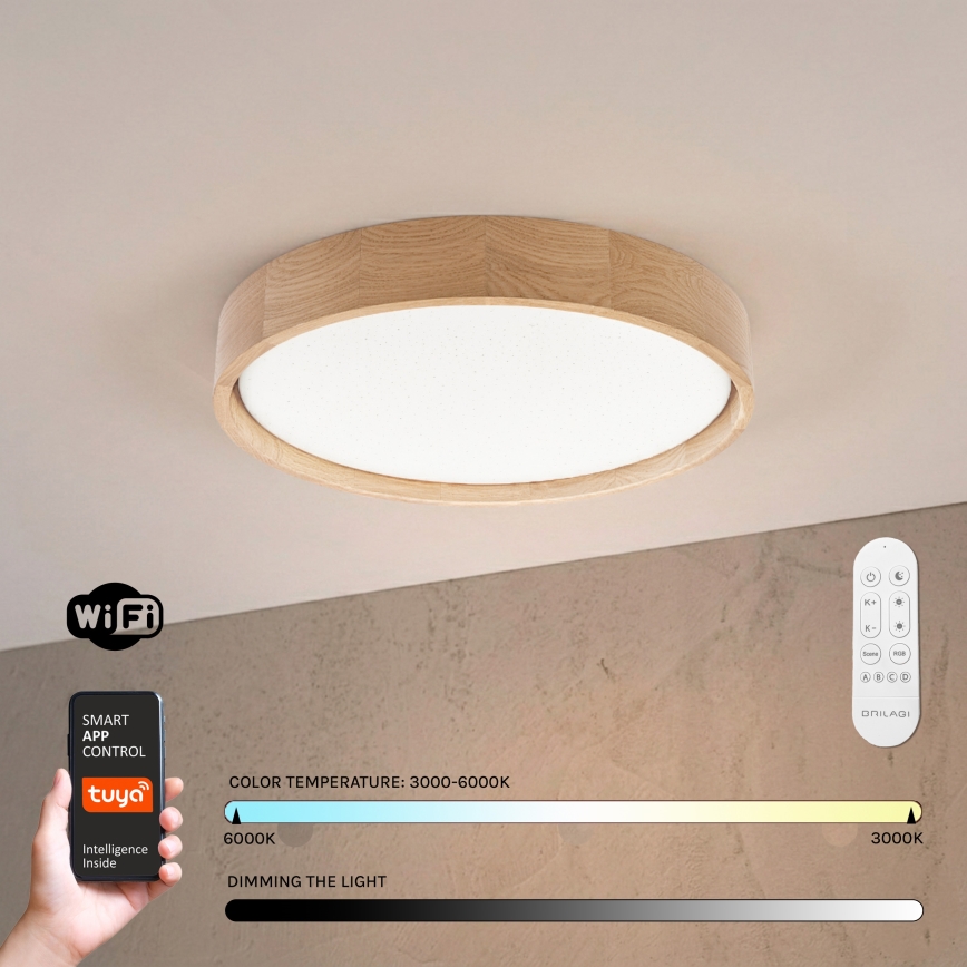 Brilagi - Dimmbare LED-Deckenleuchte MANAROLA SMART STARS LED/24W/230V 3000-6000K Wi-Fi Tuya Beacon Durchmesser 41 cm Eiche + Fernbedienung
