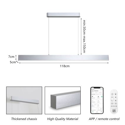 Brilagi - Dimmbare LED-Hängeleuchte SLEEKLINE SMART LED/40W/230V 3000-6000K Wi-Fi Tuya silbern + Fernbedienung