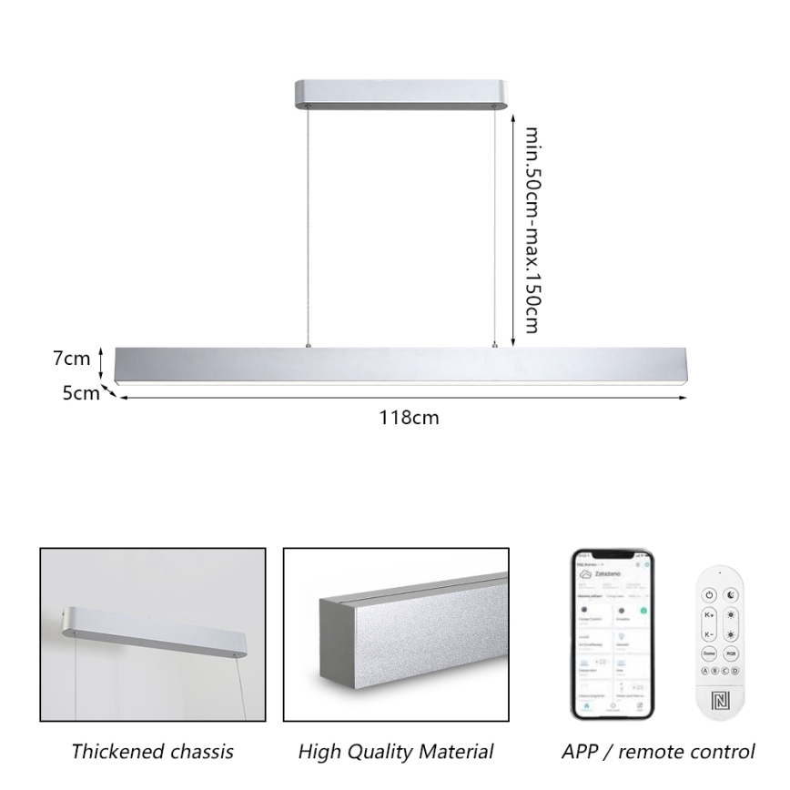 Brilagi - Dimmbare LED-Hängeleuchte SLEEKLINE SMART LED/40W/230V 3000-6000K Wi-Fi Tuya silbern + Fernbedienung