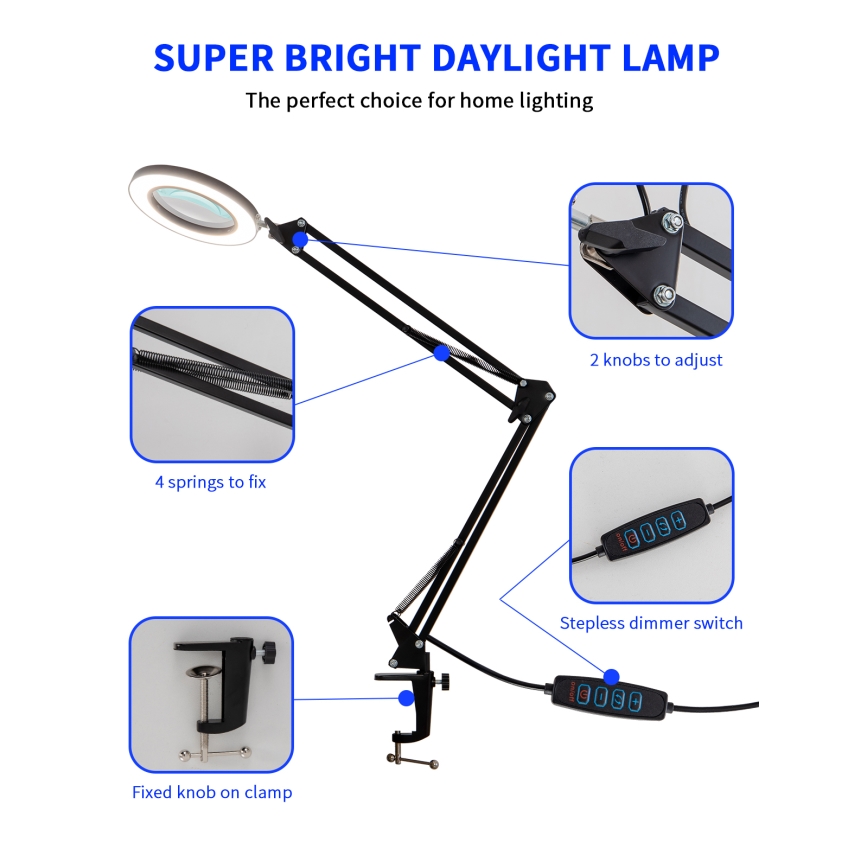 Brilagi - Dimmbare LED-Tischleuchte mit Vergrößerungsglas LENS LED/12W/5V 3000/4200/6000K schwarz