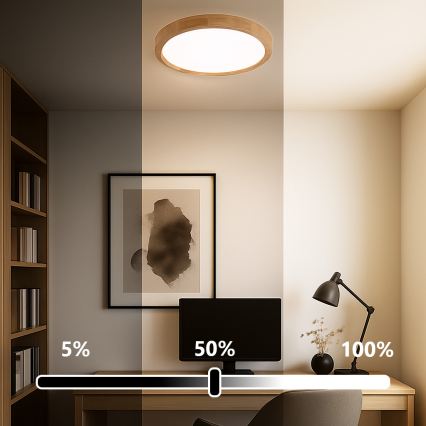 Brilagi - Dimmbare LED-Deckenleuchte WOODROUND LED/30W/230V 3000-6000K Ø 40 cm Holz CRI 90 + Fernbedienung