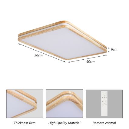 BRILAGI - Dimmbare LED-Deckenleuchte MOLINA SQUARE LED/128W/230V 3000-6000K Eiche 90x60 cm + Fernbedienung