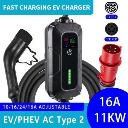 Brilagi - EV-Reiseladestation für Elektroautos FAST AC Typ 2 16A/380V 11kW + Stecker 230V, 3,7kW 5m + Tasche