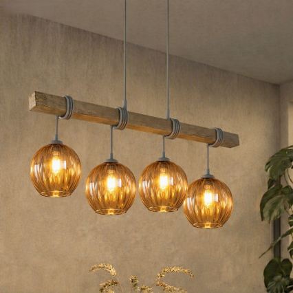 BRILAGI - Pendelleuchte WOOD GLASS an Kabel 4xE27/60W/230V Kiefer/grau/rauchbraun