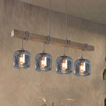BRILAGI - Hängeleuchte mit Seilaufhängung WOOD GLASS 4xE27/60W/230V Kiefer/Grau/Rauchgrau
