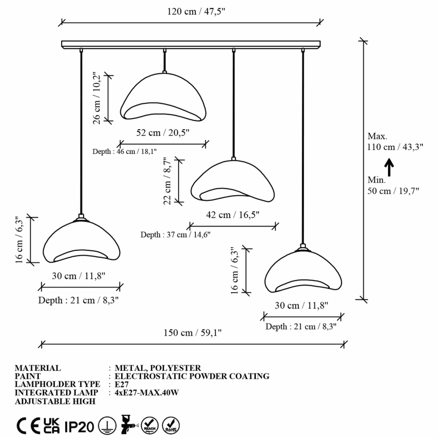 Brilagi - Hängeleuchte WABI SABI an Kabel 4xE27/40W/230V weiß