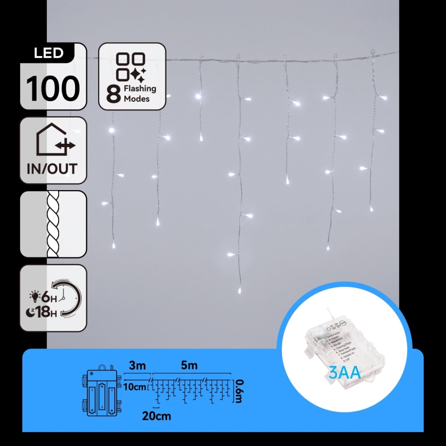 BRILAGI - LED Außen-Weihnachtslichterkette 100xLED/3xAA/8 Funktionen 8x0,6m IP44 Kaltweiß
