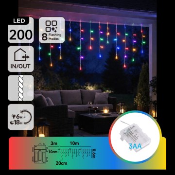 BRILAGI - LED-Außen-Weihnachtslichterkette 200xLED/3xAA/8 Funktionen 13x0,6m IP44 mehrfarbig