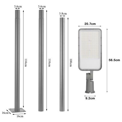 Brilagi - LED-Außen-Straßenleuchte mit 3 m Mast und Gelenk, URBANLIGHT LED/200W/230V, grau, IP65