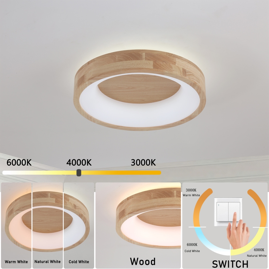 Brilagi - LED-Deckenleuchte FALCON WOOD, 30 W, 230 V, 3000/4000/6000 K, Ø 45 cm, Holz