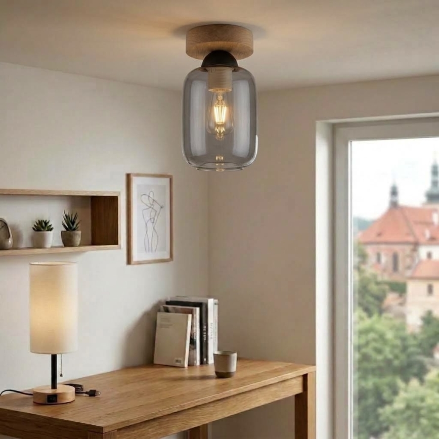 BRILAGI - LED Deckenleuchte RETRO GLASS 1xE27/60W/230V Ø 14 cm Eiche/rauchgrau