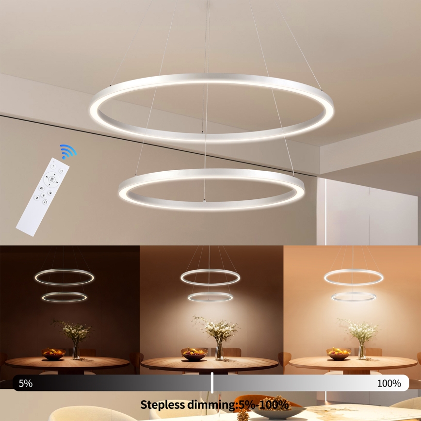 Brilagi - PORTOFINO LED dimmbare Pendelleuchte mit Seilaufhängung, LED 98W, 230V, 3000–6000K, Ø 80 cm, silber + Fernbedienung