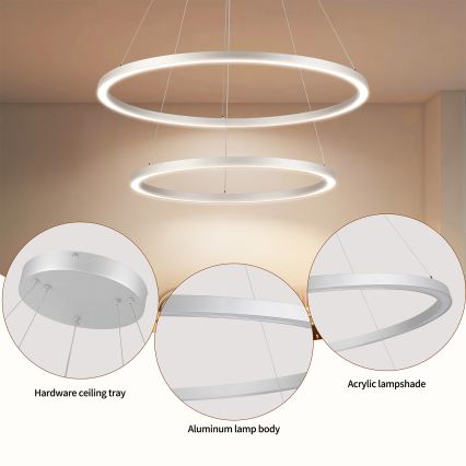 Brilagi - PORTOFINO LED dimmbare Pendelleuchte mit Seilaufhängung, LED 98W, 230V, 3000–6000K, Ø 80 cm, silber + Fernbedienung