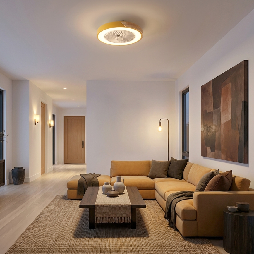 Brilagi - LED-dimmbare Deckenleuchte mit Ventilator LED/38W/230V 3000-6500K 3000-6500K Ø 50 cm Gold/Eiche + Fernbedienung