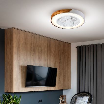 Brilagi - Dimmbare LED-Deckenleuchte mit Ventilator, 30 W, 230 V, 3000–6500 K, Ø 50 cm, weiß/Eiche + Fernbedienung