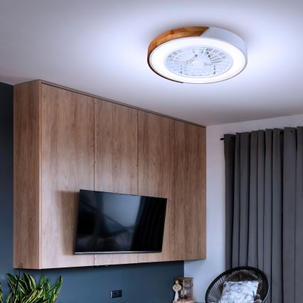 Brilagi - Dimmbare LED-Deckenleuchte mit Ventilator, 30 W, 230 V, 3000–6500 K, Ø 50 cm, weiß/Eiche + Fernbedienung
