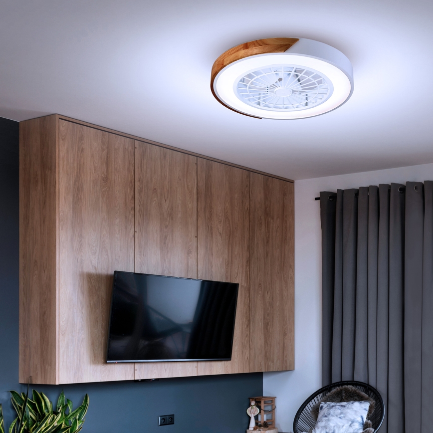 Brilagi - Dimmbare LED-Deckenleuchte mit Ventilator, 30 W, 230 V, 3000–6500 K, Ø 50 cm, weiß/Eiche + Fernbedienung