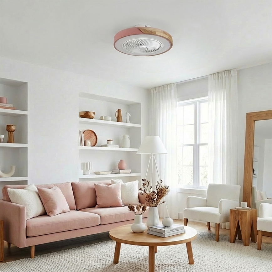 Brilagi - LED-dimmbare Deckenleuchte mit Ventilator LED/38W/230V 3000-6500K 3000-6500K Ø 50 cm rosa/Eiche + Fernbedienung