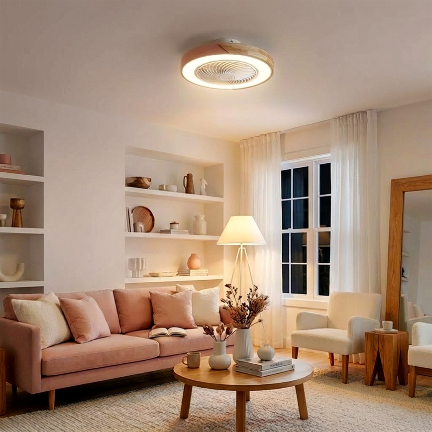 Brilagi - LED-dimmbare Deckenleuchte mit Ventilator LED/38W/230V 3000-6500K 3000-6500K Ø 50 cm rosa/Eiche + Fernbedienung