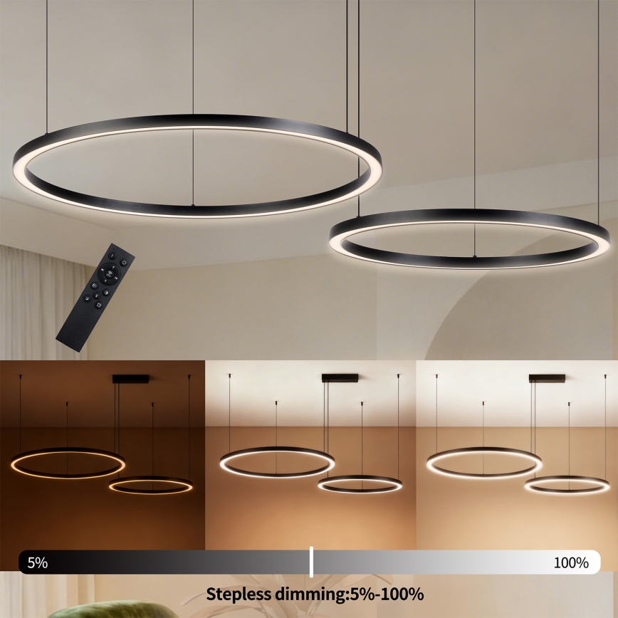 Brilagi - PORTOFINO LED-dimmbare Hängeleuchte an Seil LED/98W/230V 3000–6000K schwarz + Fernbedienung
