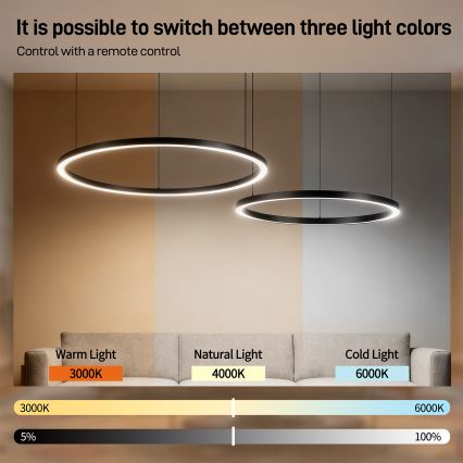 Brilagi - PORTOFINO LED-dimmbare Hängeleuchte an Seil LED/98W/230V 3000–6000K schwarz + Fernbedienung