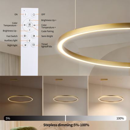 Brilagi - LED-dimmbare Pendelleuchte an Seil PORTOFINO LED/60W/230V 3000-6000K Durchmesser 80 cm goldfarben + Fernbedienung