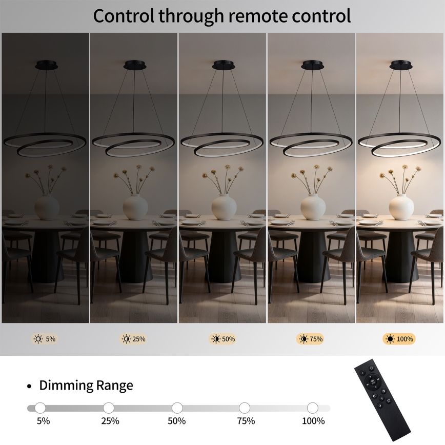 Brilagi - Dimmbare LED-Pendelleuchte an Stahlseil TWISTER LED/105W/230V 3000-6000K Ø 100 cm schwarz + Fernbedienung